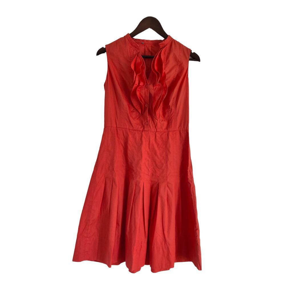 Orange A-Line Pleated Ruffle Neck Dress Sleeveless 100% Cotton Fit &‎ Flare Sz 8